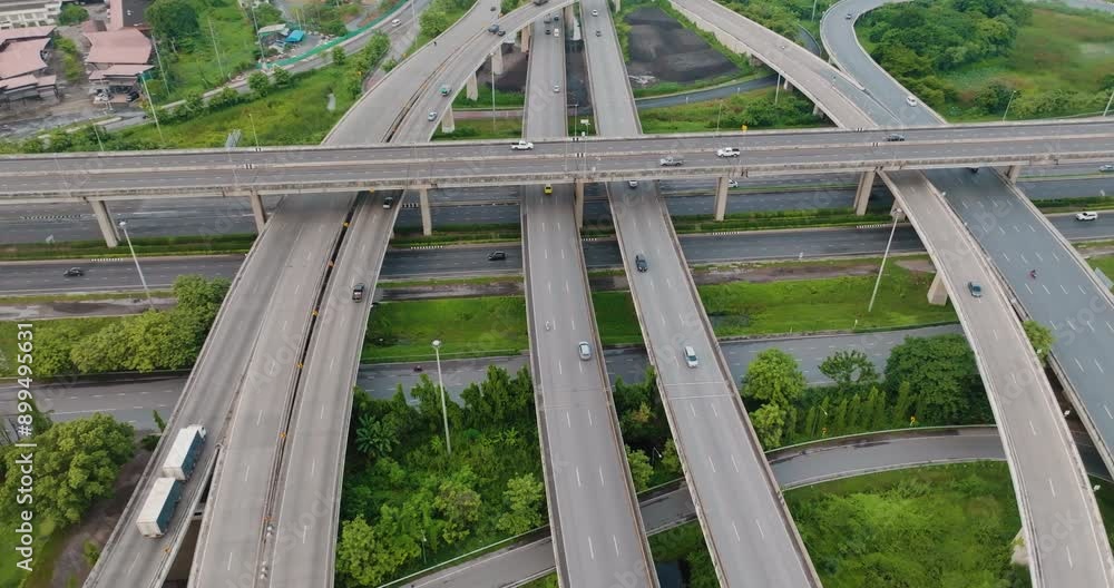 Aerial view city road transport car vehicle on junction road transport industry Aerial view city road transport car vehicle on junction road transport industry