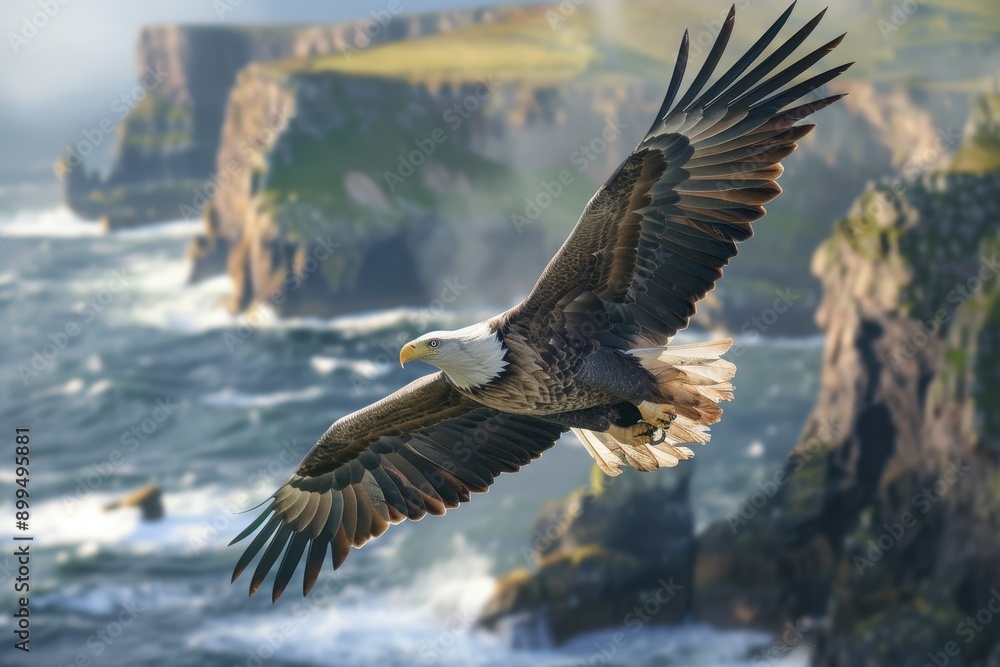 Obraz premium A magnificent white-tailed eagle soaring over a coastal landscape, with cliffs and ocean waves in the background.