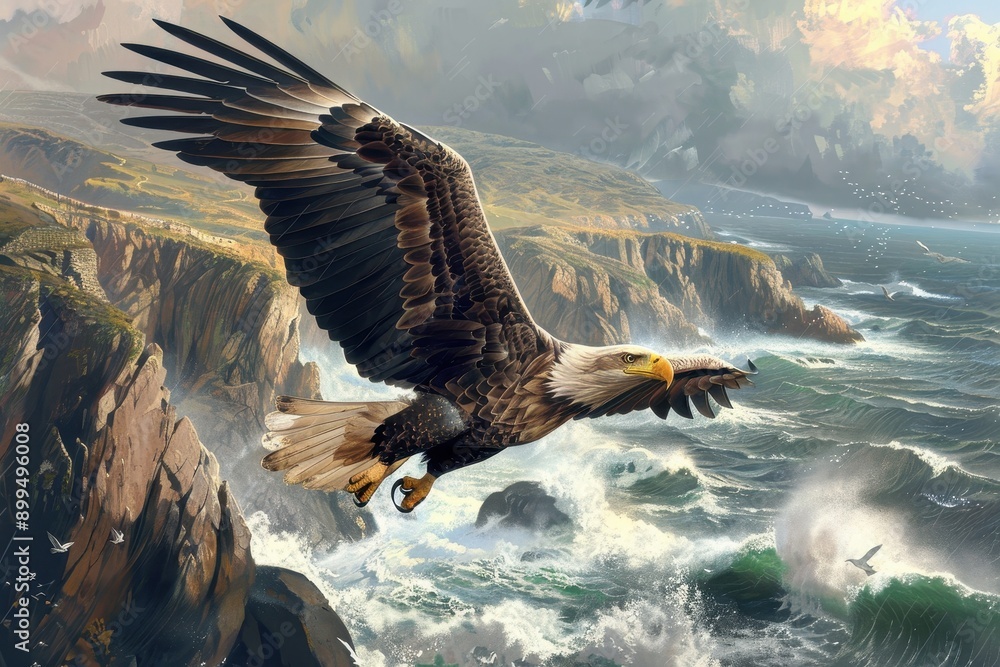 Fototapeta premium A magnificent white-tailed eagle soaring over a coastal landscape, with cliffs and ocean waves in the background.