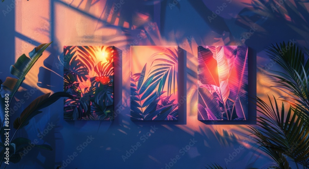 Fototapeta premium A set of canvases with a holographic foliage. Augmented reality plant art design