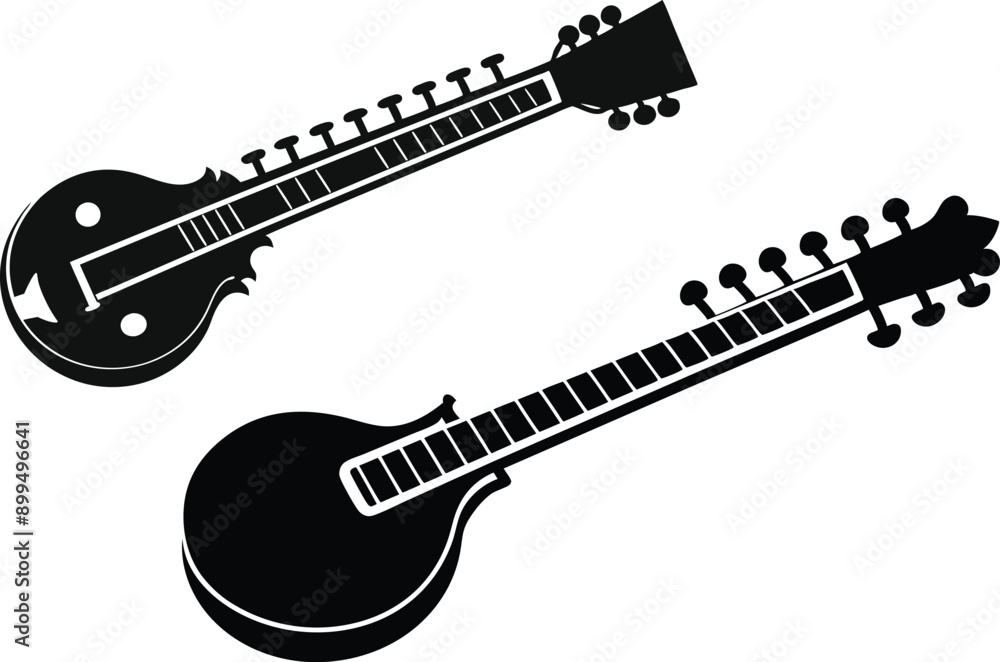 Fototapeta premium set of sitar silhouette vector illustration on white background 