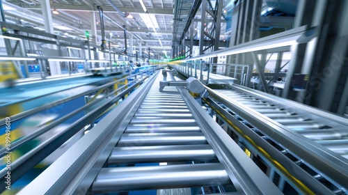 Cutting-edge factory automation technology featuring intelligent conveyors and robotic arms. Emphasizing operational efficiency and innovation. Ideal for factory automation content. © Teagu
