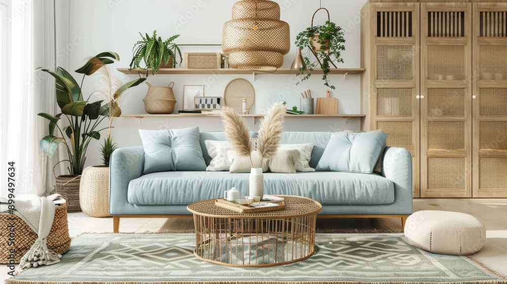 Bright and Inviting Living Room With Cozy Blue Sofa and Natural Decor Elements Bright and Inviting Living Room With Cozy Blue Sofa and Natural Decor Elements