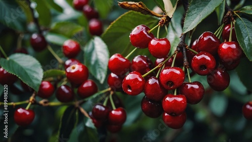 Red cherries on tree - detailed HD 4K wallpaper, stock image, high contrast