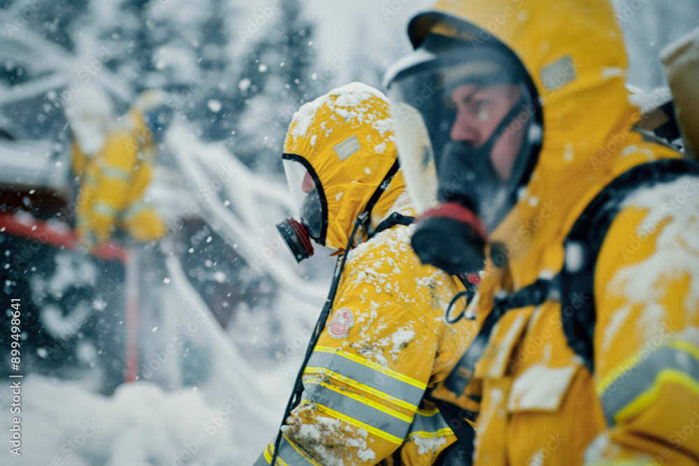 Specialized cleanup crews in hazmat suits working to contain and clean up a chemical spill, using equipment and barriers to prevent further contamination