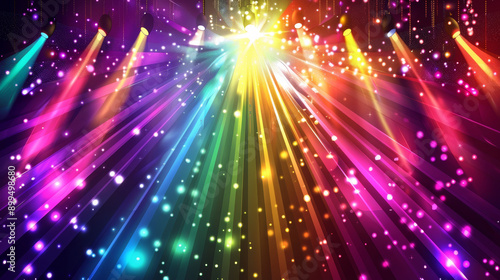 Abstract glowing light LGBT rainbow disco music party. Shine neon particles lights in club. Illustration background 