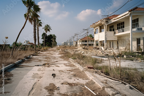 The aftermath of a tsunami with coastal buildings, homes, and infrastructure severely damaged or destroyed, debris scattered everywhere, and waterlogged areas photo