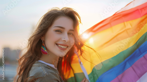 Beautiful happy young woman with LGBT flag symbol rainbow on white background