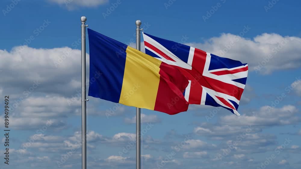 United Kingdom and Romania flags flying together, video concept of the relationship, two country cooperation concept United Kingdom and Romania flags flying together, video concept of the relationship, two country cooperation concept