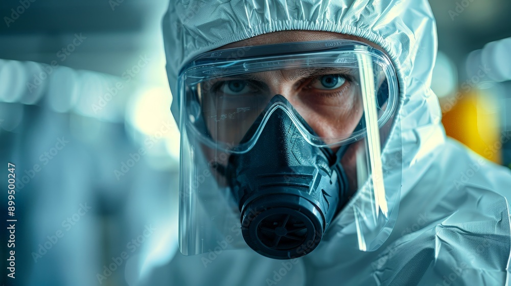 A chemist wearing protective gear while handling hazardous materials A chemist wearing protective gear while handling hazardous materials
