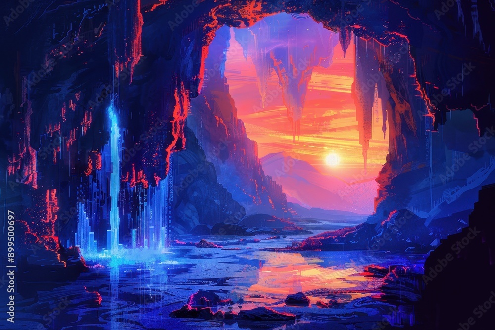 Glowing blue waterfall in a vibrant rocky cavern at sunset Glowing blue waterfall in a vibrant rocky cavern at sunset