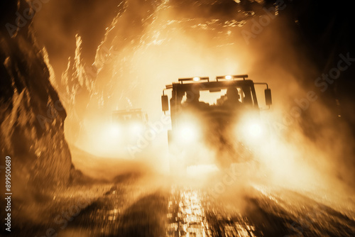 A collapsed mine tunnel with rescue workers digging through rubble, searching for trapped miners, and emergency lighting illuminating the dark, dusty environment photo