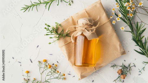 Bottle of golden oil wrapped in kraft paper with wildflowers photo