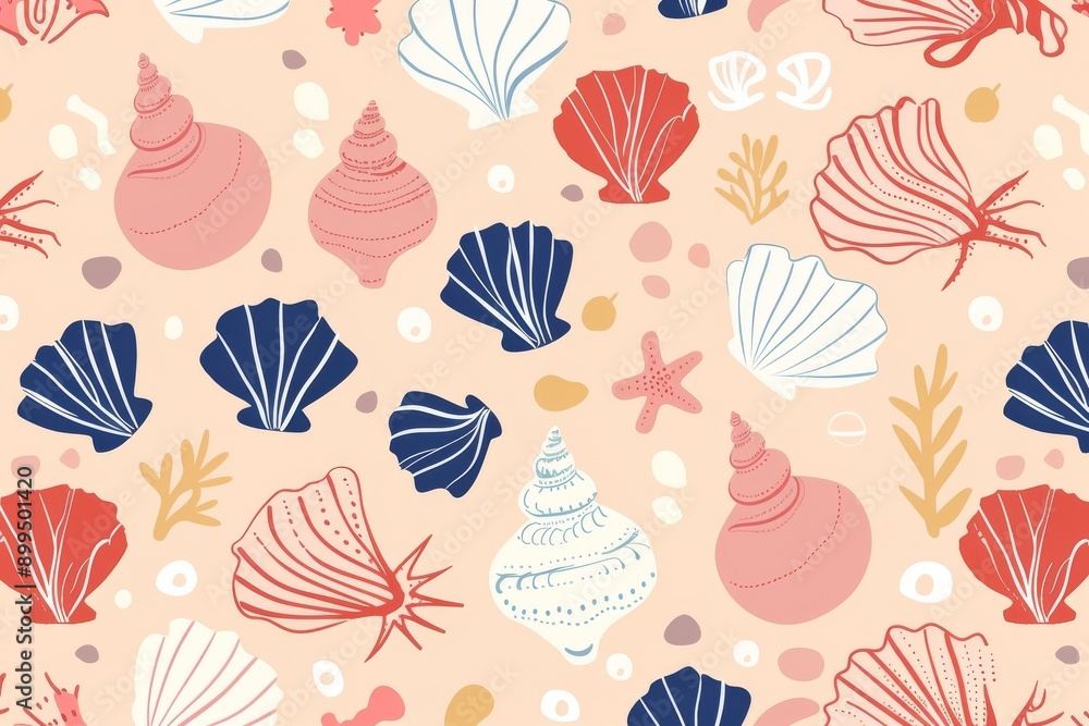 Top-down view of an assortment of stylized sea shells in a harmonious ...