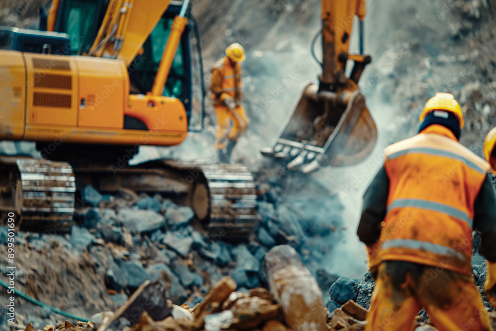 Fototapeta premium A rescue operation inside a collapsed mine, with rescuers using heavy machinery and tools to clear debris, and medical personnel treating injured miners
