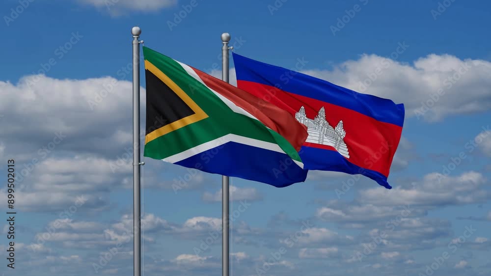 Cambodia and South Africa flags flying together, video concept of the relationship, two country relations concept Cambodia and South Africa flags flying together, video concept of the relationship, two country relations concept