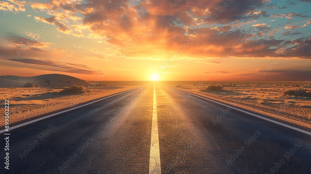 Scenic highway at sunrise with majestic clouds and golden sky, offering a tranquil and inspiring view of endless possibilities ahead. Scenic highway at sunrise with majestic clouds and golden sky, offering a tranquil and inspiring view of endless possibilities ahead.