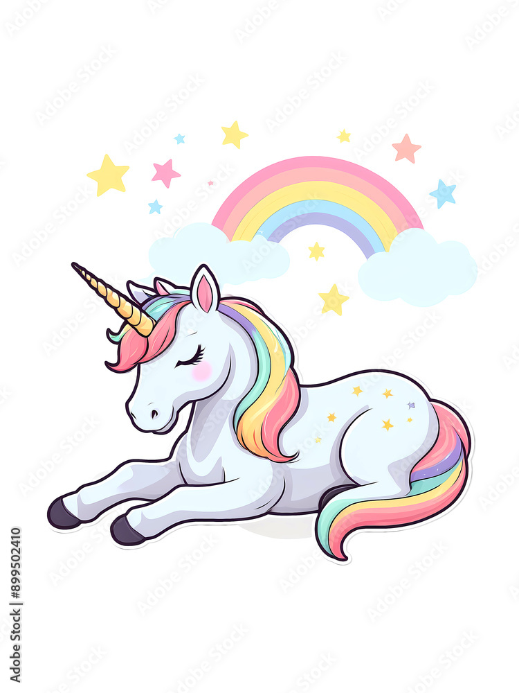 Fototapeta premium Lying unicorn with a rainbow