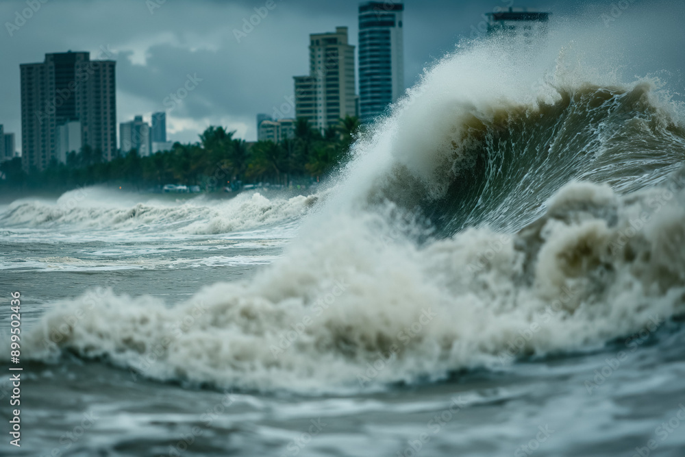 Obraz premium Tsunami wave approaching the shore: A massive tsunami wave rapidly approaching the shoreline, towering over the coastal buildings and trees, demonstrating the sheer power and imminent danger