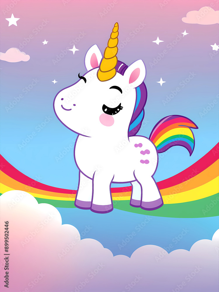Obraz premium Rainbow unicorn standing on clouds