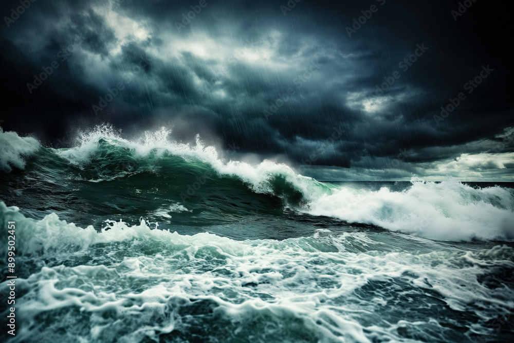 Towering, violent waves crashing against each other under a dark and stormy sky, showcasing the raw power and fury of the ocean during a sea storm Towering, violent waves crashing against each other under a dark and stormy sky, showcasing the raw power and fury of the ocean during a sea storm