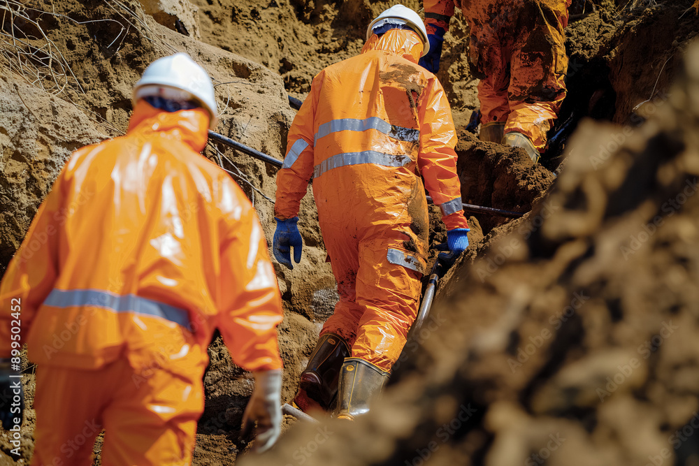 Scenes of underground chemical leaks seeping into the soil, with workers uncovering buried pipelines and assessing the extent of contamination Scenes of underground chemical leaks seeping into the soil, with workers uncovering buried pipelines and assessing the extent of contamination
