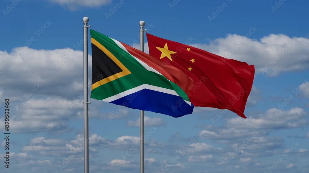 China and South Africa flags flying together, video concept of the relationship, two country relations concept China and South Africa flags flying together, video concept of the relationship, two country relations concept