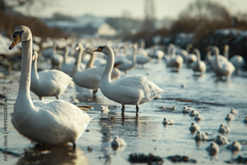 Fototapeta premium Wildlife affected by chemical pollution: Animals and birds in a polluted environment, showing visible signs of distress or injury due to chemical exposure, with a visibly contaminated habitat