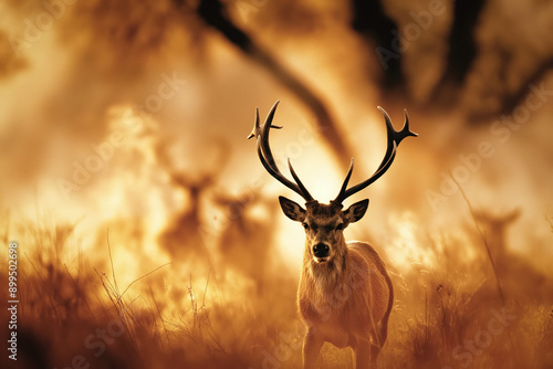Wildlife escaping the flames: Various animals fleeing from the encroaching wildfire, running through the forest or taking refuge in safer areas, demonstrating the impact on wildlife