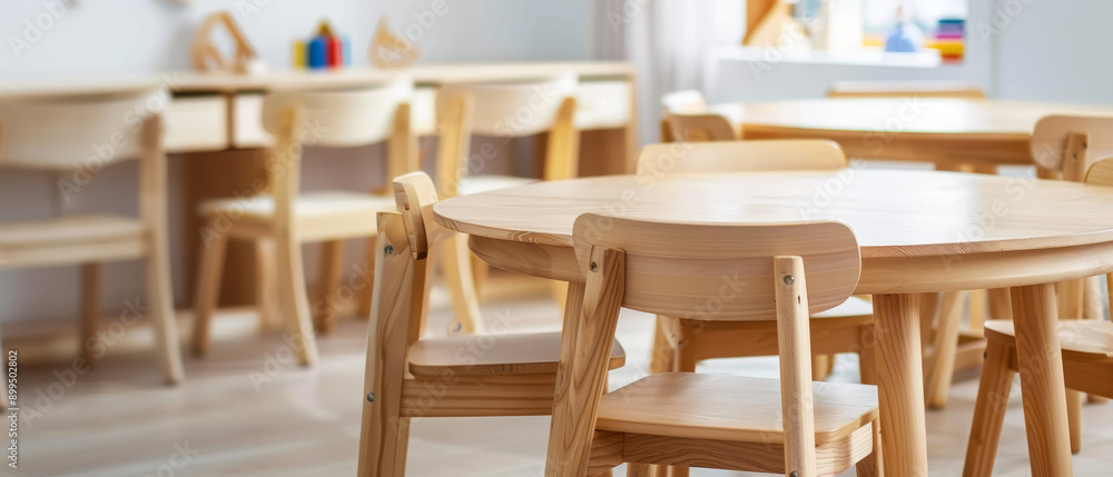 Bright and Spacious Classroom With Wooden Furniture Set for Creative Learning Activities Bright and Spacious Classroom With Wooden Furniture Set for Creative Learning Activities