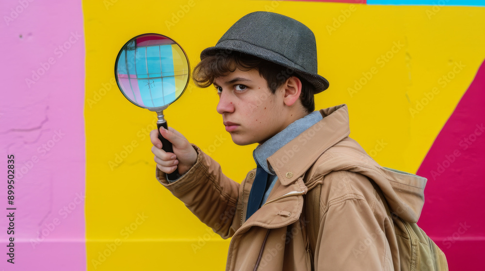 A young detective holds a magnifying glass against a colorful graffiti wall, highlighting a scene of playful mystery and curiosity. A young detective holds a magnifying glass against a colorful graffiti wall, highlighting a scene of playful mystery and curiosity.