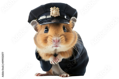 Cute hamster dressed as a police officer, wearing a uniform with a hat, standing on its hind legs isolated on a white background. photo