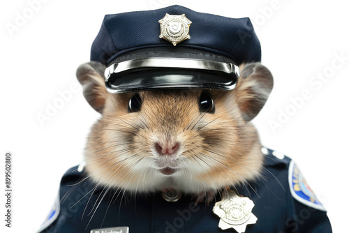 Cute hamster dressed in a detailed police officer uniform, complete with hat and badge, looking directly at the camera.