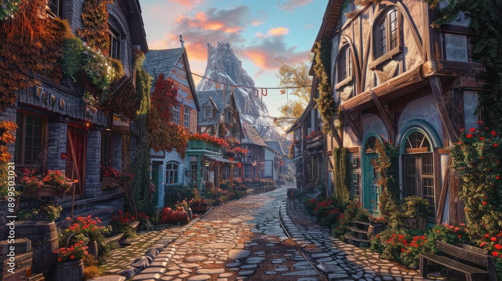 Fototapeta premium Charming village with brightly painted cottages and cobblestone streets