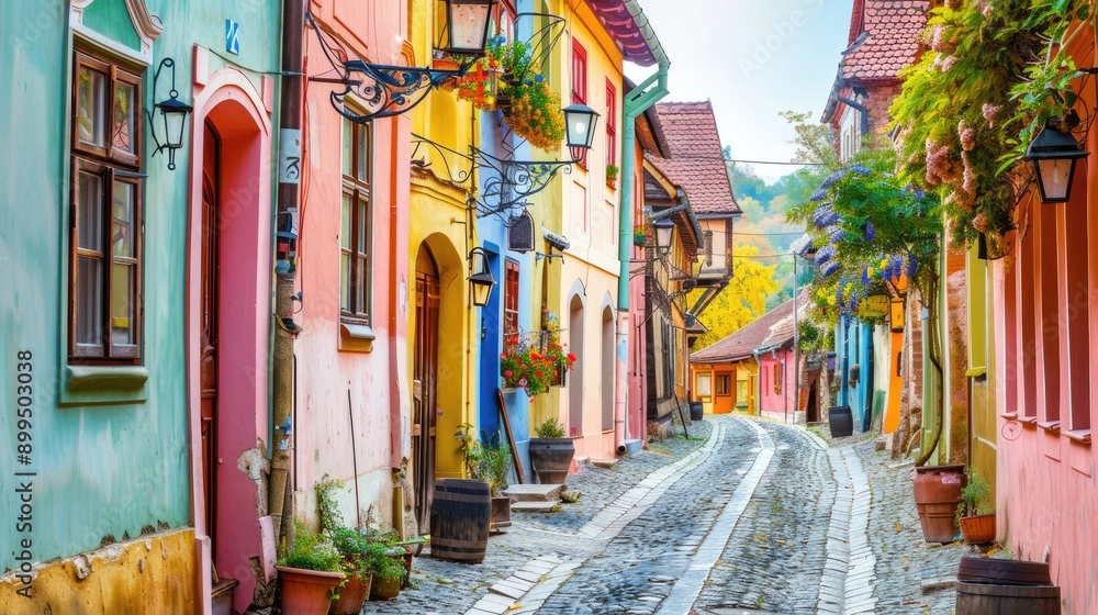 Fototapeta premium Charming village with brightly painted cottages and cobblestone streets