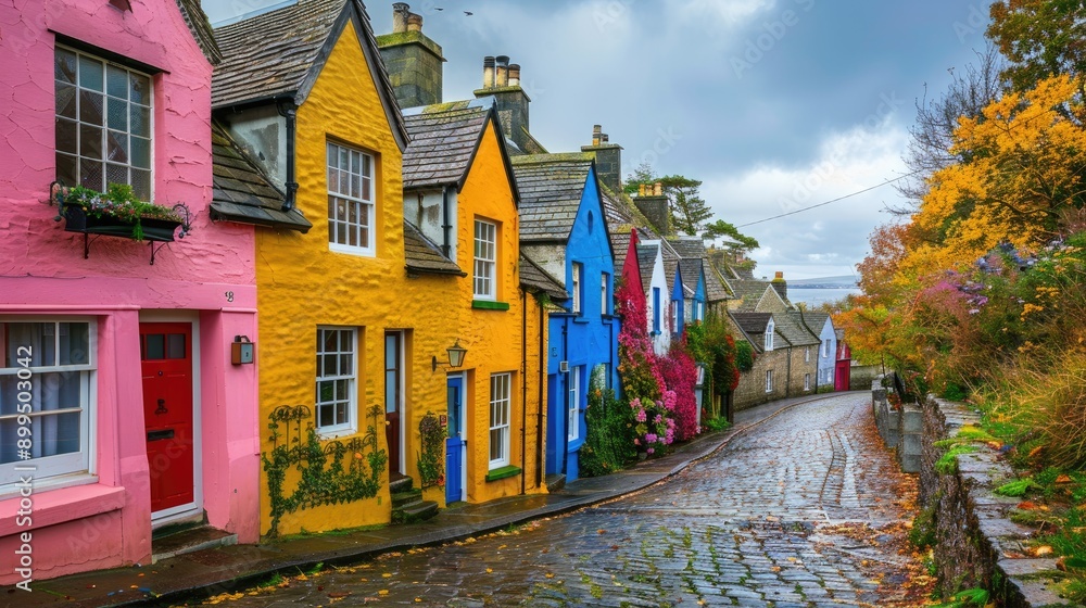 Naklejka premium Charming village with brightly painted cottages and cobblestone streets