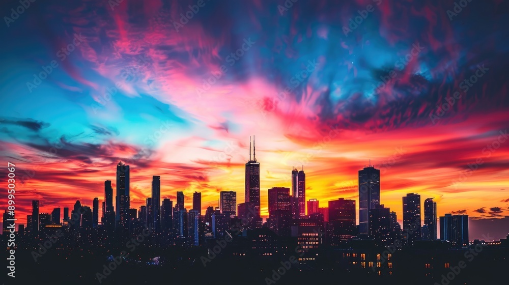 City skyline silhouetted against a breathtaking sunset with colorful clouds City skyline silhouetted against a breathtaking sunset with colorful clouds