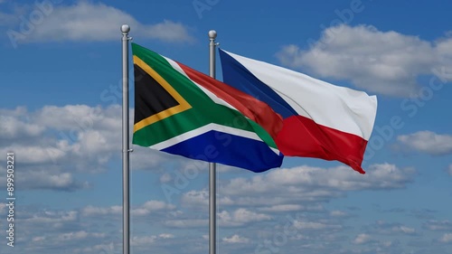 Czech Republic and South Africa flags flying together, video concept of the relationship, two country relations concept