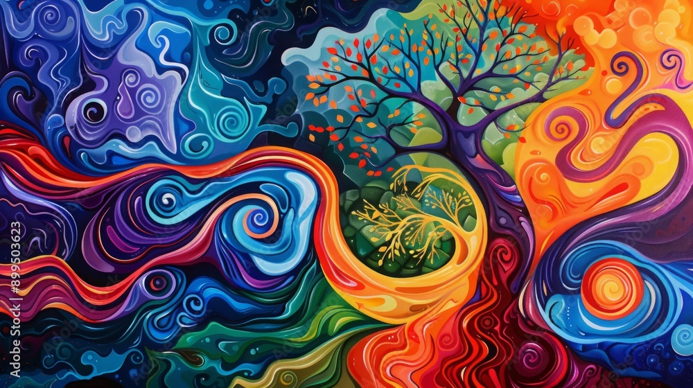 An abstract art of a tree with swirling colored illustration An abstract art of a tree with swirling colored illustration