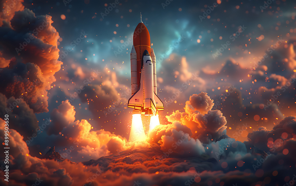 Fototapeta premium Rocket Ship with Clouds and Stars: Business Launch and Ascent Concept