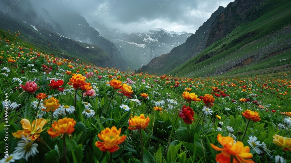 Flowers of all colors thriving in the rich, green grass of a mountainous paradise Flowers of all colors thriving in the rich, green grass of a mountainous paradise