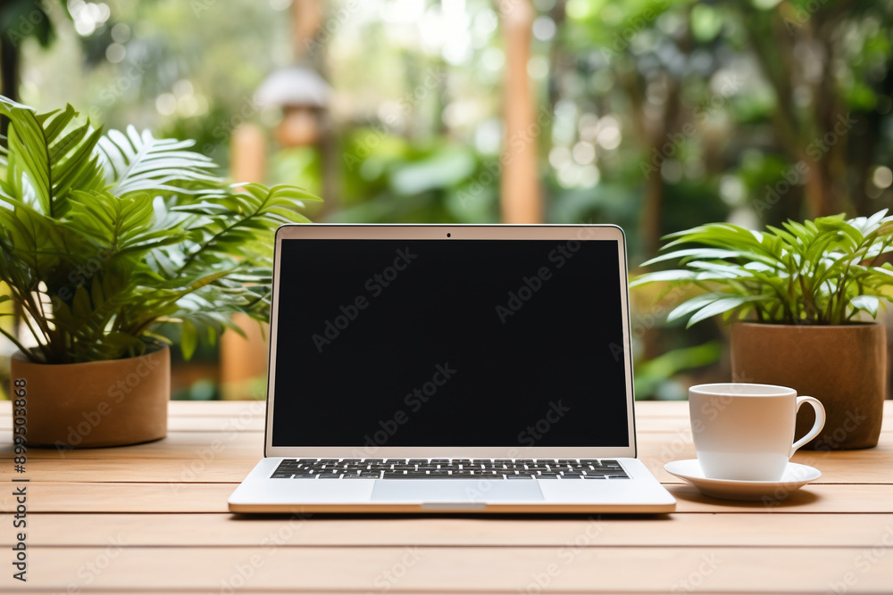 Wooden table with laptop white screen and a cup of coffee Wooden table with laptop white screen and a cup of coffee