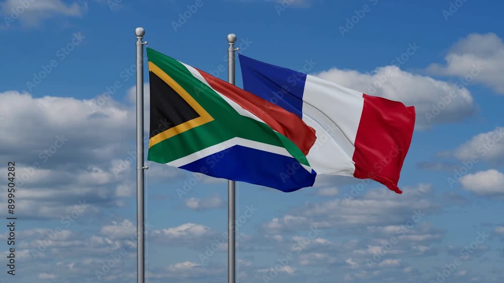 France and South Africa flags waving together, video concept of the relationship, two country relations concept France and South Africa flags waving together, video concept of the relationship, two country relations concept