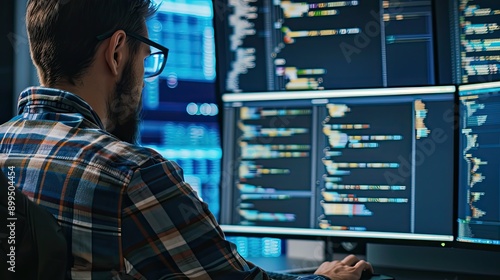 Programmer working on code with multiple monitors