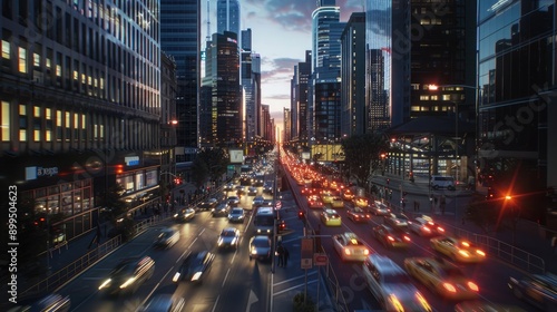 Nighttime Cityscape with Traffic on a Busy Street photo