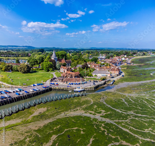 An aerial view above towards Bosham, West Sussex at low tide in summertime photo