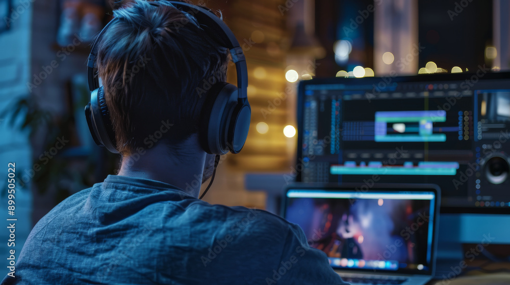 A young person engrossed in video editing on dual screens, illuminated by the soft glow of the monitor lights in a cozy, modern workspace. A young person engrossed in video editing on dual screens, illuminated by the soft glow of the monitor lights in a cozy, modern workspace.