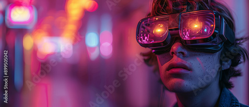 Young Individual Wearing Futuristic Goggles in Neon Alleyway at Night © Daniel