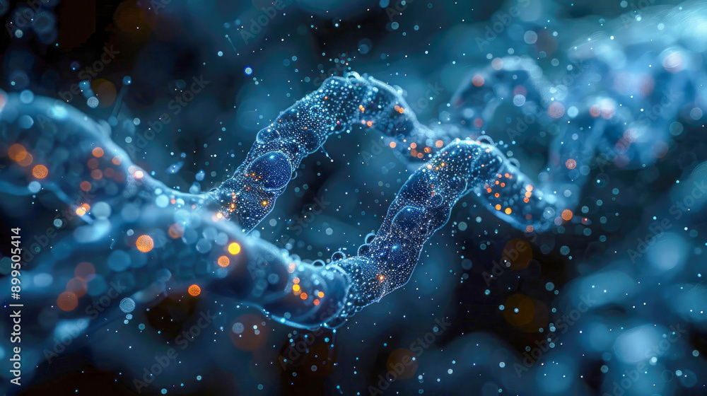 Abstract depiction of glowing DNA strands with vibrant blue and red colors on a blurred background. Concept of genetics and molecular science Abstract depiction of glowing DNA strands with vibrant blue and red colors on a blurred background. Concept of genetics and molecular science
