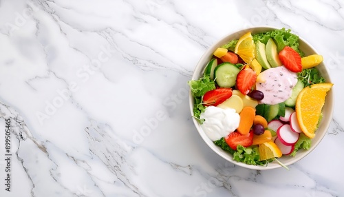 A large bowl of healthy vegetable and fruit salad on a gray marble table, close up photo. Wallpaper, healthy food.